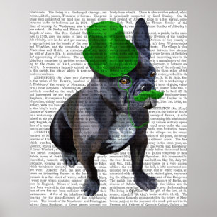 Französischer Bulldog mit grünem Top Hut und Musta Poster