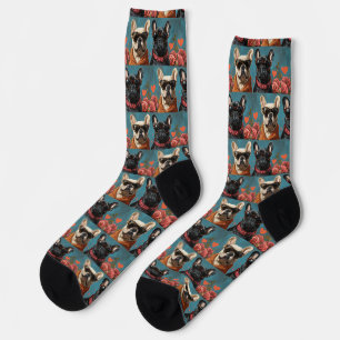 Französischer Bulldog mit Herz-Rose Valentinstag Socken