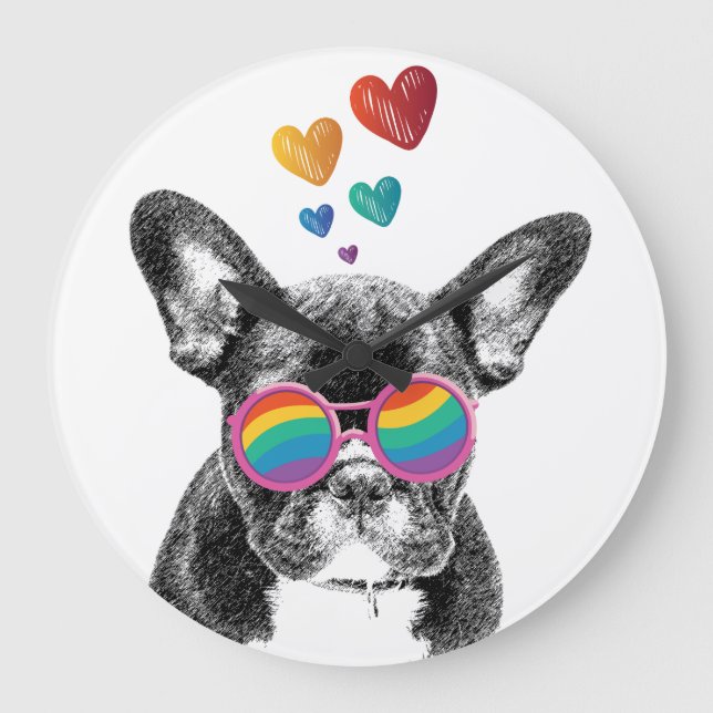 Französischer Bulldog mit HerzValentinstag Große Wanduhr (Vorderseite)
