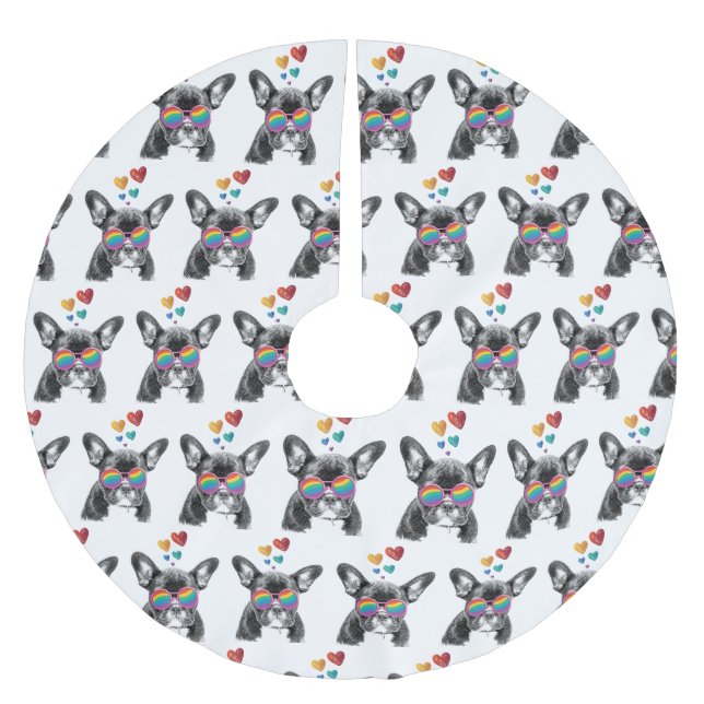 Französischer Bulldog mit HerzValentinstag Polyester Weihnachtsbaumdecke (Vorderseite)