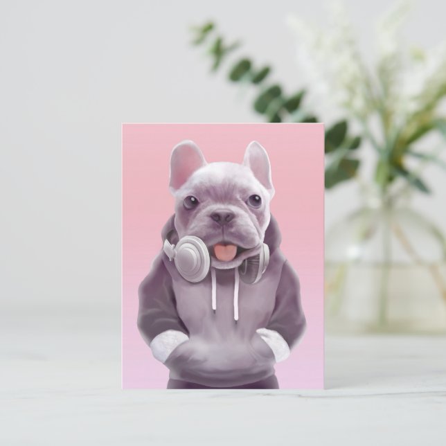 Französischer Bulldog mit Kopfhörer-Illustration Ankündigungspostkarte (Stehend Vorderseite)