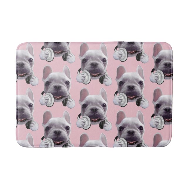 Französischer Bulldog mit Kopfhörer-Illustration Badematte (Vorderseite)