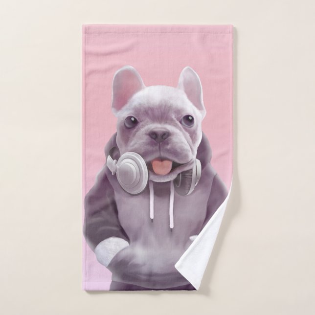 Französischer Bulldog mit Kopfhörer-Illustration Badhandtuch Set (Handtuch)