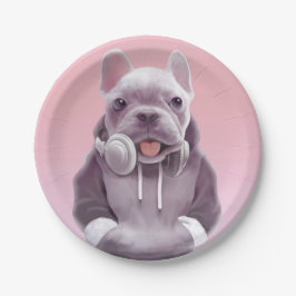 Französischer Bulldog mit Kopfhörer-Illustration Pappteller