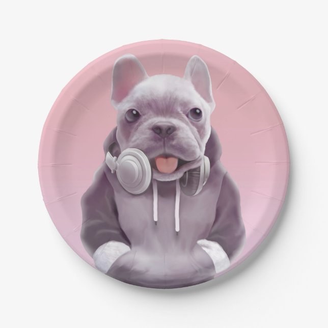 Französischer Bulldog mit Kopfhörer-Illustration Pappteller (Vorderseite)