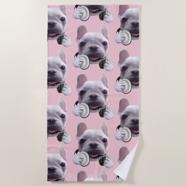 Französischer Bulldog mit Kopfhörer-Illustration Strandtuch (Vorderseite)
