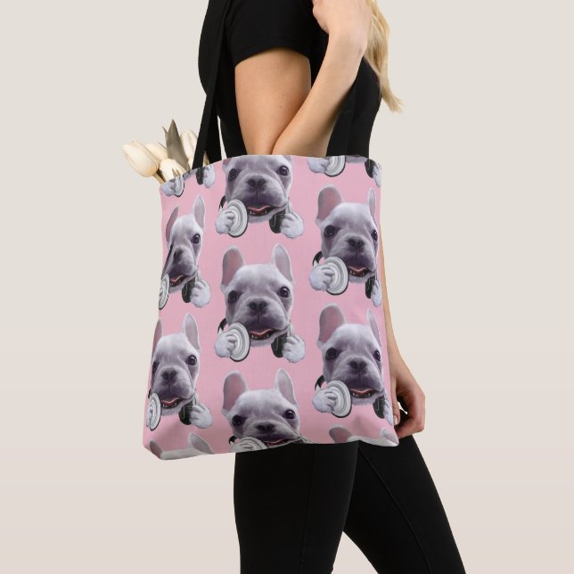 Französischer Bulldog mit Kopfhörer-Illustration Tasche (Von Nahem)