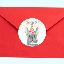 Französischer Bulldog mit Party Hat Merci Confetti Runder Aufkleber