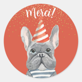 Französischer Bulldog mit Party Hat Merci Runder Aufkleber