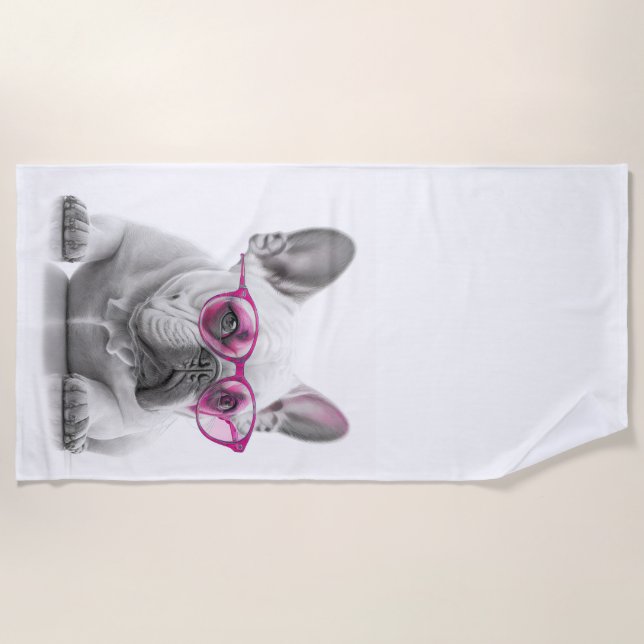Französischer Bulldog mit rosa Brille Beach Handtu Strandtuch (Vorderseite)