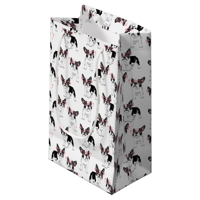 Französischer Bulldog mit rosa Brille Kleine Geschenktüte (Vorderseite Schrägansicht)
