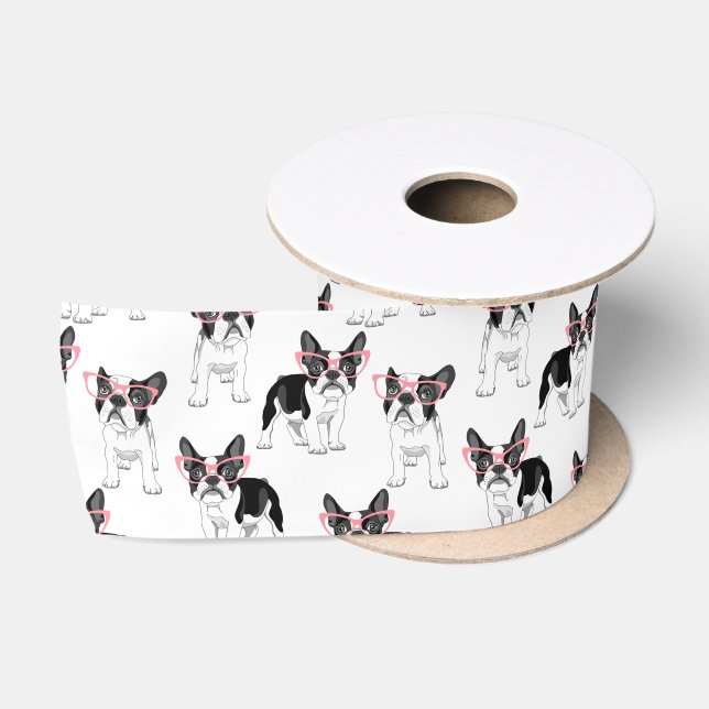 Französischer Bulldog mit rosa Brille Satinband (Spule)