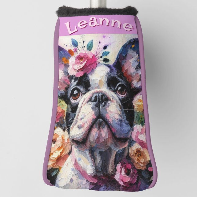 Französischer Bulldog mit Rose Floral Personalisie Golf Headcover (Rotieren 90)