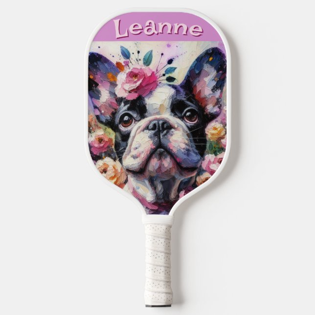 Französischer Bulldog mit Rose Floral Personalisie Pickleball Schläger (Vorderseite)