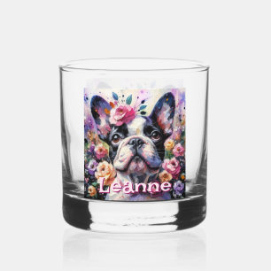 Französischer Bulldog mit Rose Floral Personalisie Whiskyglas