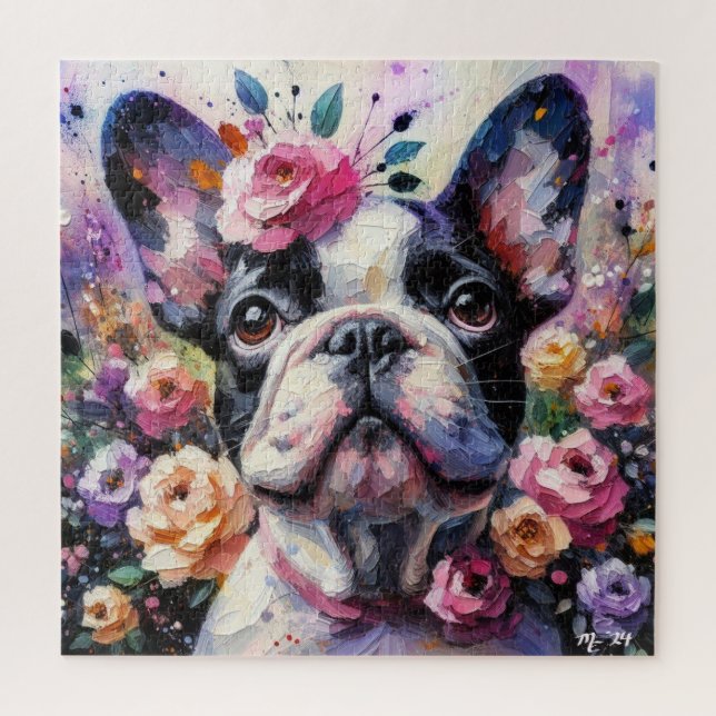 Französischer Bulldog mit Rose Impressionistische  (Vertikal)