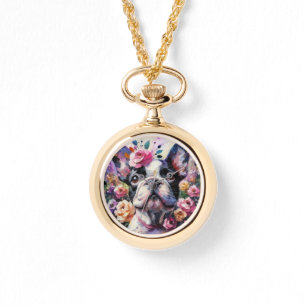 Französischer Bulldog mit Rose Impressionistische  Armbanduhr
