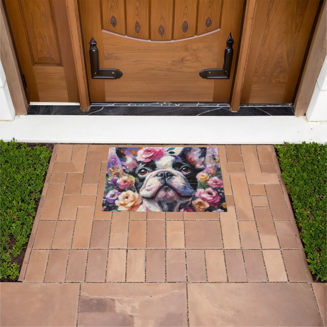 Französischer Bulldog mit Rose Impressionistische  Fußmatte (Außenbereich)