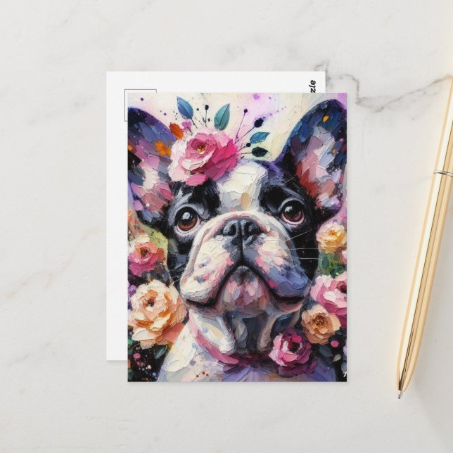 Französischer Bulldog mit Rose Impressionistische  Postkarte (Vorderseite/Rückseite Beispiel)