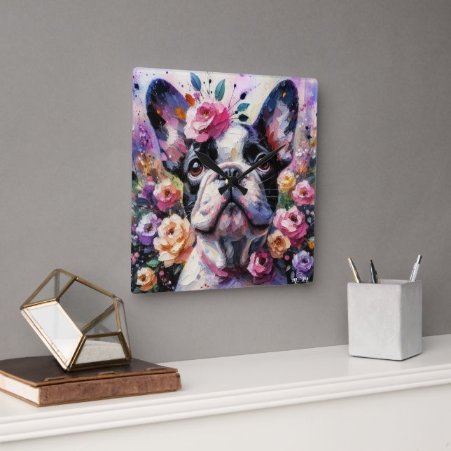 Französischer Bulldog mit Rose Impressionistische  Quadratische Wanduhr (Büro)