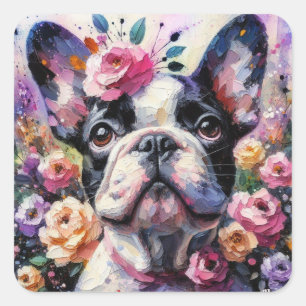 Französischer Bulldog mit Rose Impressionistische Quadratischer Aufkleber
