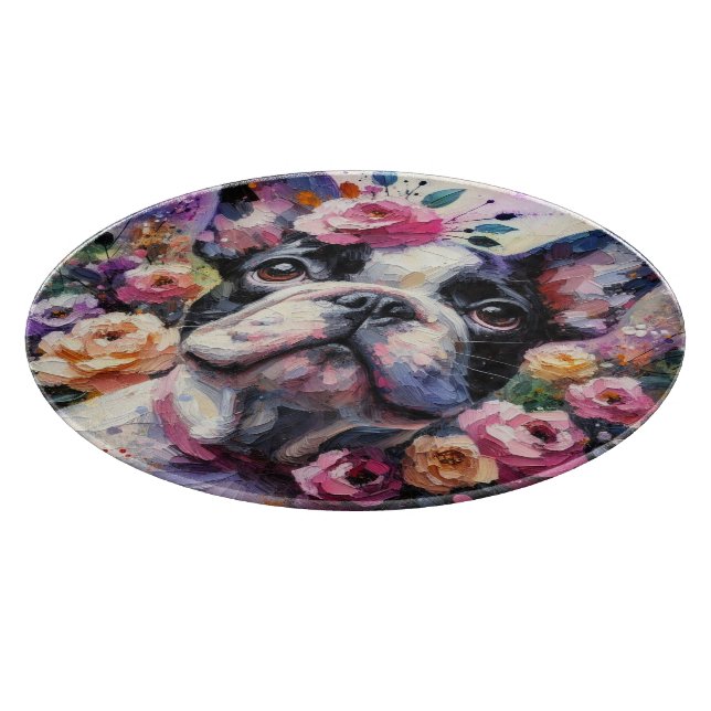 Französischer Bulldog mit Rose Impressionistische  Schneidebrett (Ecke)
