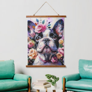 Französischer Bulldog mit Rose Impressionistische  Wandteppich Mit Holzrahmen