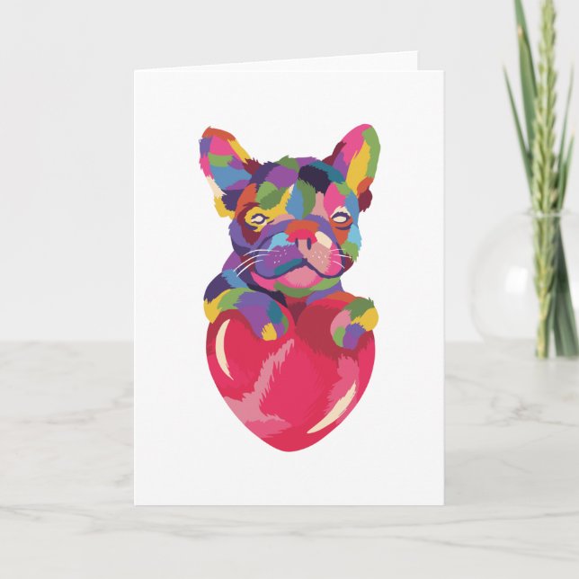 Französischer Bulldog mit rotem Herzen bunt Karte (Vorderseite)