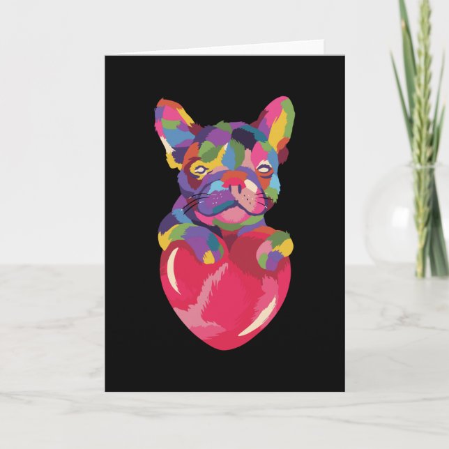 Französischer Bulldog mit rotem Herzen bunt Karte (Vorderseite)