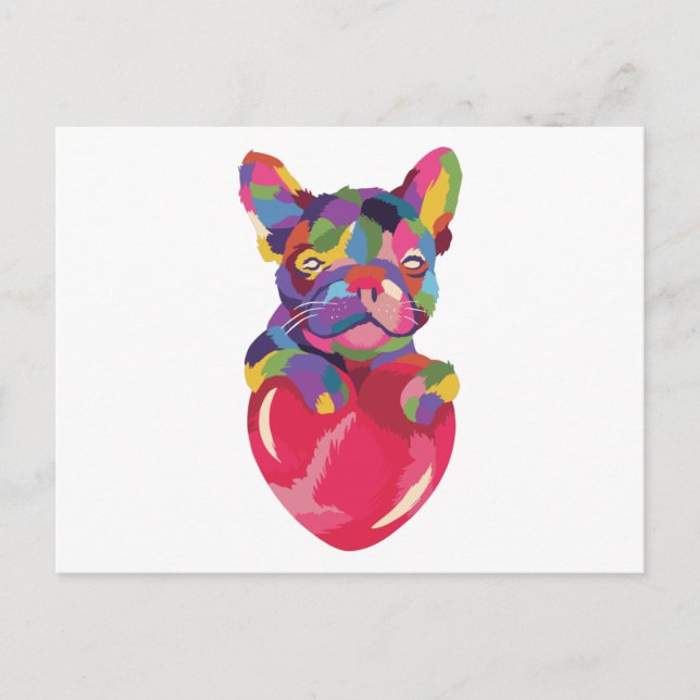 Französischer Bulldog mit rotem Herzen bunt Postkarte (Vorderseite)