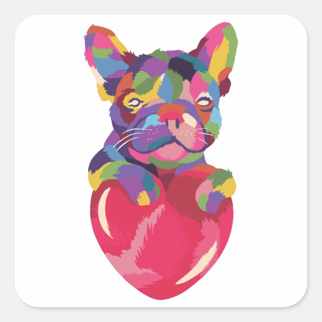 Französischer Bulldog mit rotem Herzen bunt Quadratischer Aufkleber (Vorderseite)