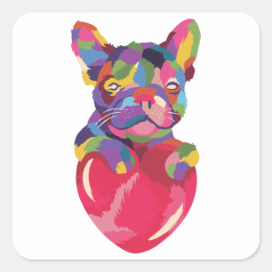 Französischer Bulldog mit rotem Herzen bunt Quadratischer Aufkleber
