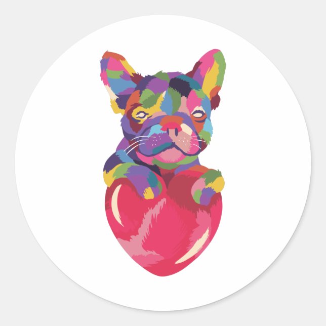 Französischer Bulldog mit rotem Herzen bunt Runder Aufkleber (Vorderseite)