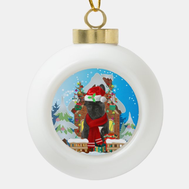 Französischer Bulldog mit Weihnachtsgeschenken Keramik Kugel-Ornament (Vorderseite)