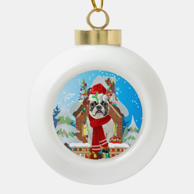 Französischer Bulldog mit Weihnachtsgeschenken Keramik Kugel-Ornament (Vorderseite)