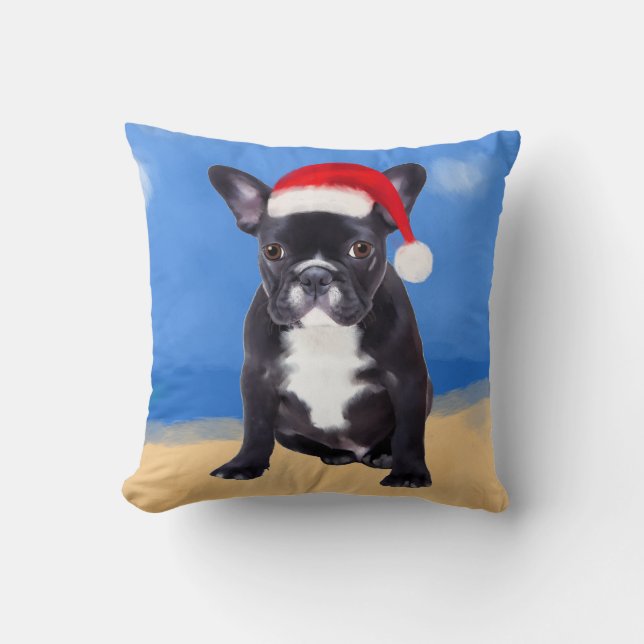 Französischer Bulldog mit Weihnachtsmannmütze Weih Kissen (Vorderseite)