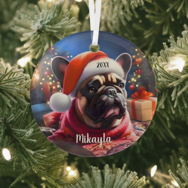 Französischer Bulldog mit Weihnachtsmannmütze Weih Ornament Aus Glas (InSitu)