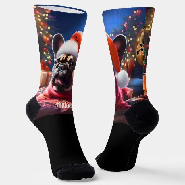 Französischer Bulldog mit Weihnachtsmannmütze Weih Socken (Gewinkelt)