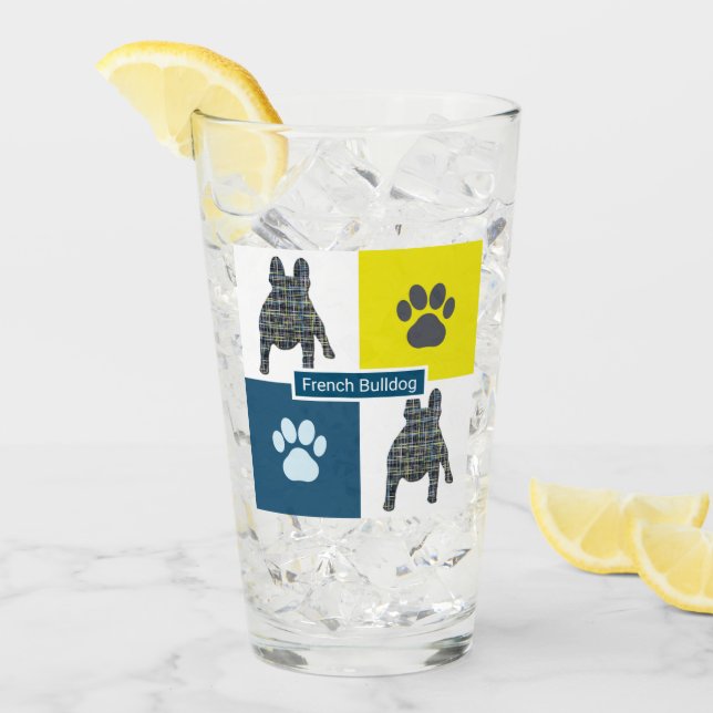 Französischer Bulldog Silhouette Hund & Paw Y&B Gr Glas (Vorderseite Ice)