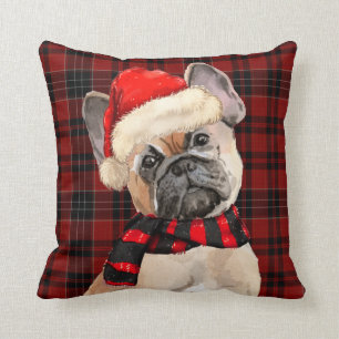 Französischer Bulldog und Karierter Red Christmas  Kissen