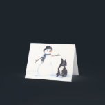Französischer Bulldog und Snowman Dog Art Notecard Feiertagskarte<br><div class="desc">Diese Karte zeigt eine Reproduktion meiner ursprünglichen Aquarellmalerei eines französischen Bulldog und Snowman.</div>