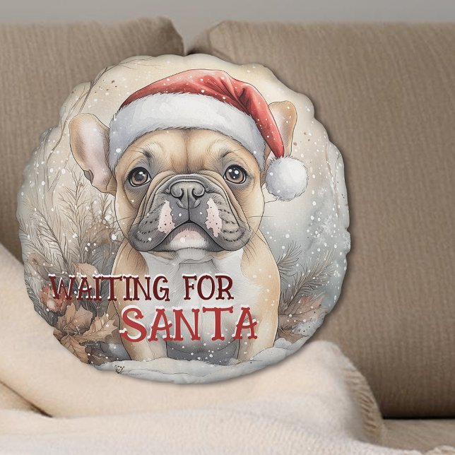 Französischer Bulldog Wartete Weihnachten Rundes Kissen (French Bulldog Waiting For Santa Christmas Round Pillow - Personalize with your own message)