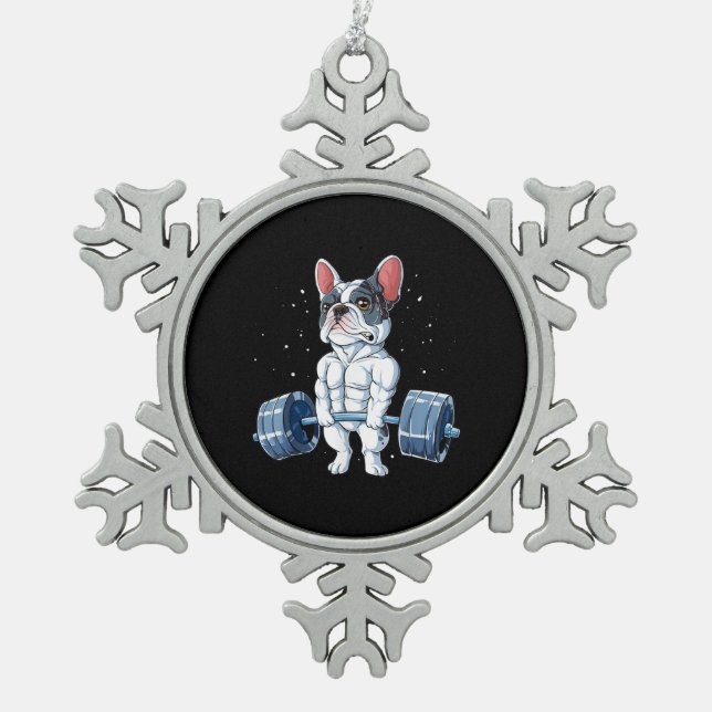 Französischer Bulldog Weightlift Funny Deadlift Gy Schneeflocken Zinn-Ornament (Vorderseite)