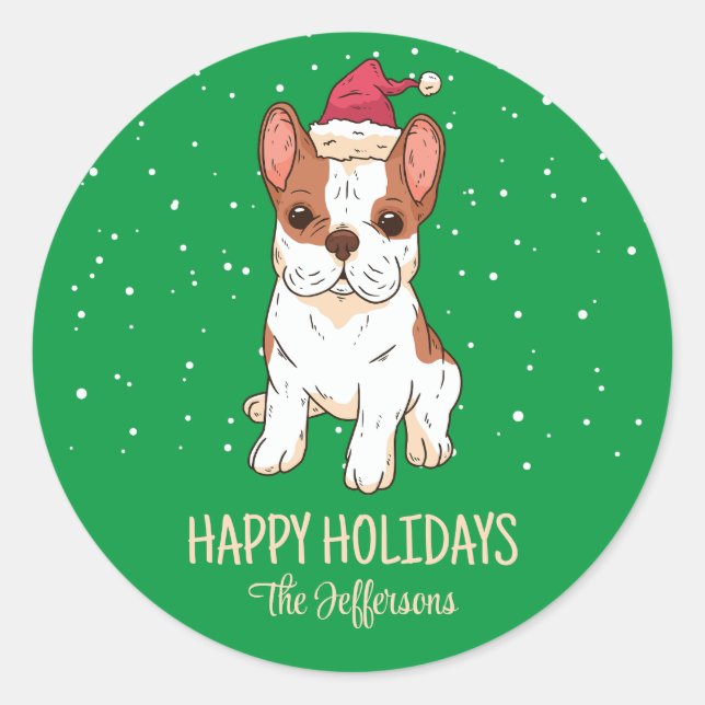 Französischer Bulldog Weihnachtshund Snowy Winter  Runder Aufkleber (Vorderseite)