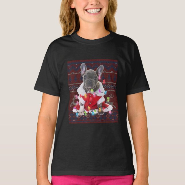 Französischer Bulldog Weihnachtslicht Ugly Sweater T-Shirt (Vorderseite)