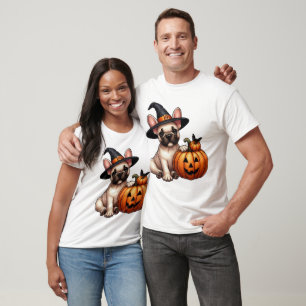 Französischer Bulldog Welpe in Hexenhut mit Pumpki T-Shirt