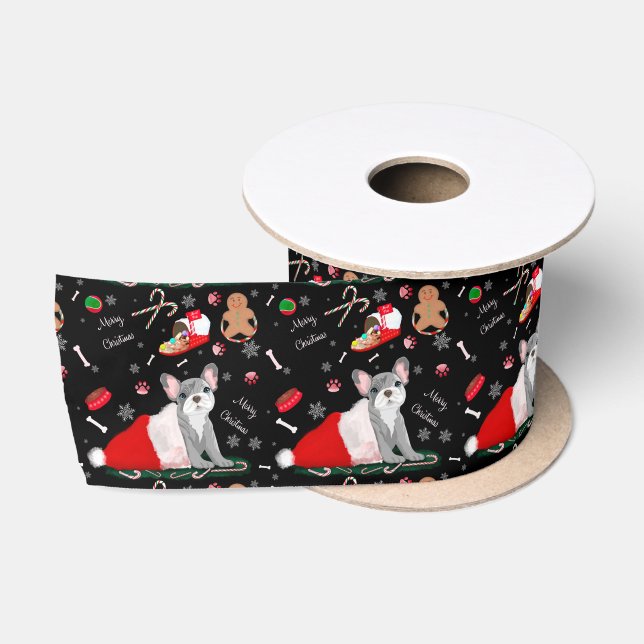 Französischer Bulldog Welpe in Santa's Hat-Muster Satinband (Spule)