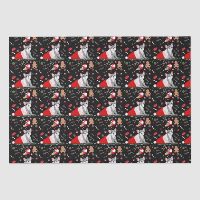 Französischer Bulldog Welpe in Santa's Hat-Muster Seidenpapier (Vorderseite)