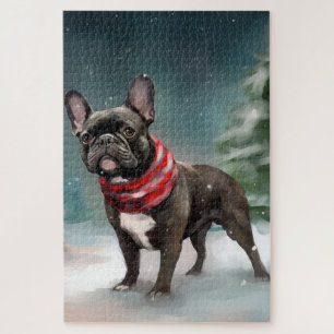 Französischer Bulldog zu Weihnachten im Schnee
