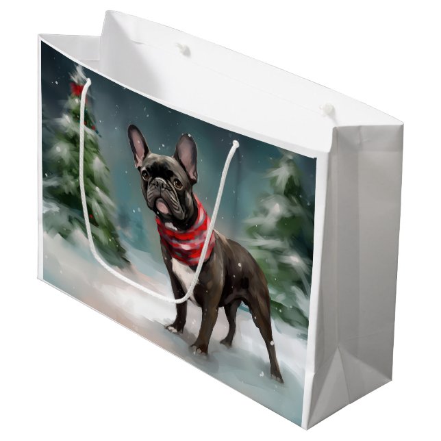 Französischer Bulldog zu Weihnachten im Schnee Große Geschenktüte (Vorderseite Schrägansicht)